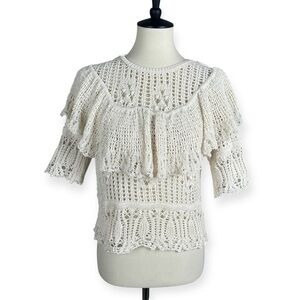 Zara Sheer Crochet Lace‎ Ruffle Knit Top | Boho Romantic Cream Blouse Sz M NEW